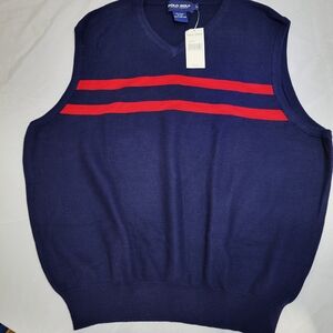 NWT‎ Polo Ralph Lauren Golf Vest Navy Blue Red Stripe Cotton Silk Men’s Large